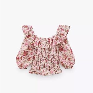 Zara pink floral smocked ruffled off the shoulder top